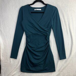 Susana Monaco XS Wrap Mini Dress Teal Ruched Long Sleeve Bodycon Elegant Sexy